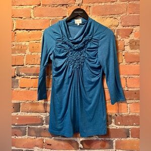Anthropologie Deletta Blue Ruched Blouse with Three Quarter Sleeves. Size: Small